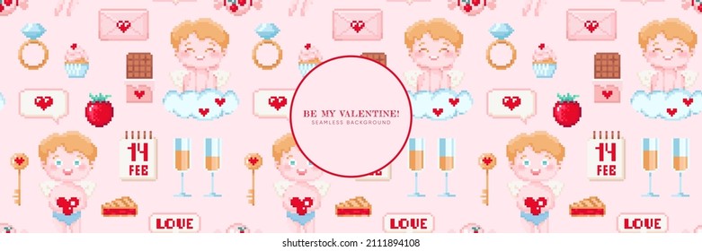 Lovely Seamless pixel art pink background. Valentine day pattern design for web banner, promo page, decoration. 90s 8 bit game mosaic style cupid, champagne, jewelry, declarations of love. Vector.