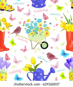 lovely seamless texture with bouquets of fresh flowers in gardening equipments and birds