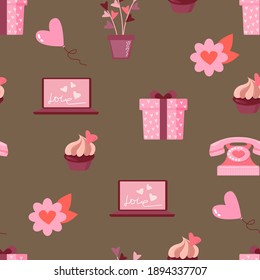 Lovely seamless Valentine's Day pattern. Phone, laptop, houseplant, cupcake, balloon, flower, gift. Flat style.