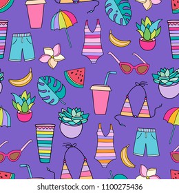 Lovely seamless vector patter with summer beach vacation attire: swimwear, bikini, tropical fruits, palm leaves, umbrella.