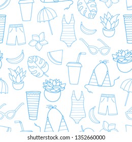 Lovely seamless vector patter with summer beach vacation attire: swimwear, bikini, tropical fruits, palm leaves, umbrella. Light blue outline contour on white.