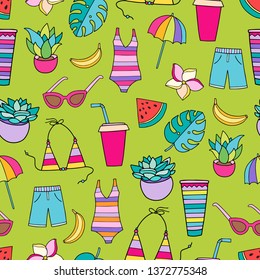 Lovely seamless vector patter with summer beach vacation attire: swimwear, bikini, tropical fruits, palm leaves, umbrella.