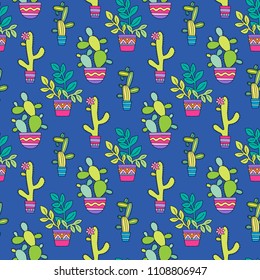 Lovely seamless vector pattern with cactuses in pots. 