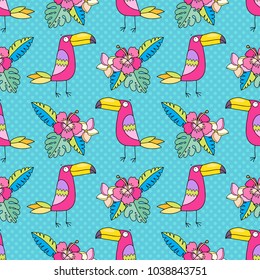 Lovely seamless vector pattern with a cute toucan bird and tropical flowers