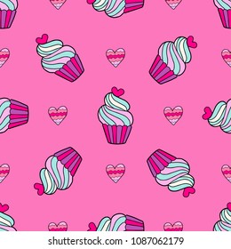 Lovely seamless vector pattern with cute cupcakes. Perfect design for textiles, fabric, wrapping paper and any party of coffee shop objects.