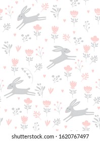 Lovely Seamless Vector Pattern with Cute Gray Bunnies Running in an Abstract Garden. Lovely Rabbit on a White Background. Funny Nursery Vector Art for Card, Wall Art, Fabric, Textile, Invitation.