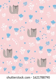 Lovely Seamless Vector Pattern with Cute aby Fox Sitting in the Garden. Lovely Brown Fox on a Light Pink Background. Funny Nursery Vector Art for Card, Wall Art, Fabric,Textile, Invitation,Decoration.