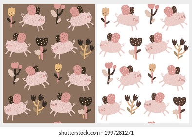 Lovely Seamless Vector Pattern with Cute Fying Pigs with Butterfly Wings. Pink Pigs Flying Among Flowers Isolated on a White and Brown Background. Infantile Style Abstract Magic Garden. 
