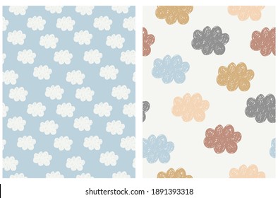 Lovely Seamless Vector Pattern with Hand Drawn Clouds Isolated on a Pastel Blue and Light Beige Background. Cloudy Sky Design ideal for Fabric, Textile, Wrapping Paper.Doodle Print with Fluffy Clouds.