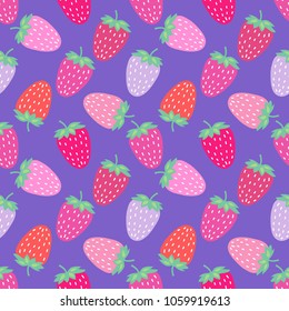 Lovely seamless vector pattern with pink strawberries. Flat style illustration.
