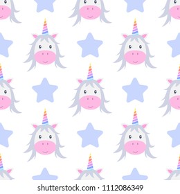 Lovely seamless vector pattern with rainbow unicorns and blue stars isolated on white background