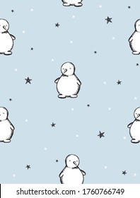 Lovely Seamless Vector Pattern with White Snowman and Stars isolated on a Light Ice Blue Background. Christmas Repeatable Print. Winter Party Pattern.
