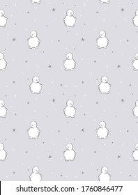 Lovely Seamless Vector Pattern with White Snowman and Stars isolated on a Light Gray Background. Christmas Repeatable Print. Winter Party Pattern. Cute Snomen Print.