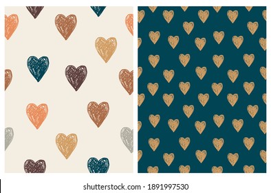 Lovely Seamless Vector Patterns with Hand Drawn Hearts Isolated on a Light Beige and Dark Blue Background. Romantic Design ideal for Fabric, Textile, Wrapping Paper.Doodle Print with Love Symbol.