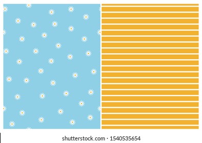 Lovely Seamless Vector Patterns with White Tiny Flowers on a Blue Background and White Horizontal Stripes on a Yellow. Blue Floral Print. Simple Geometric Design. White and Yellow Stripped Print.