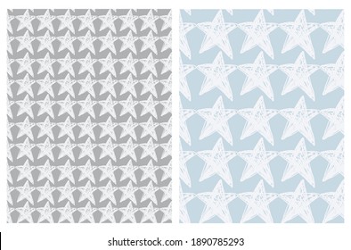 Lovely Seamless Vector Patterns with White Hand Drawn Stars Isolated on a Light Blue and Dark Gray Background. Starry Design ideal for Fabric, Textile, Wrapping Paper. Doodle Print.
