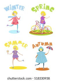 Lovely seasonal doodle banners with cute girl and hand drawn text in vector for sticker, bookmark, planner, schedule, childish accessories. Winter, Spring, Summer, Autumn. Calendar greetings