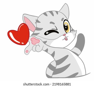 The lovely and seductive American Shorthair Cat sent red heart into the air acts like and good emotions. Doodle with a cartoon.