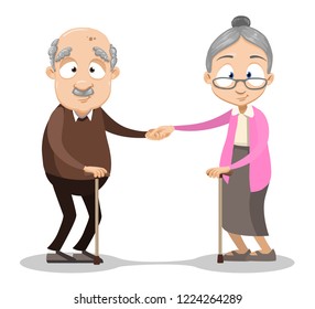 Lovely senior couple holding hands together. Aged husband and wife in marriage cartoon personages. Old age infirmity and disability vector illustration. Happy family relationship and assistance