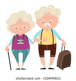 Lovely senior couple Planned trips Travel Relaxation, different movements and posture family relationship in old age Vector illustration in cartoon flat style, isolated on a white background.