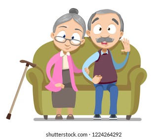 Lovely senior couple sitting on sofa together. Aged people enjoying sincere feelings for many long years in marriage cartoon personages. Happy family relationship in old age vector illustration.