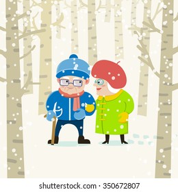 Lovely senior couple smiling each other and enjoying the walking. An old man and an old woman going for a walk in winter forest. On isolated background. Flat design, cartoon style. 