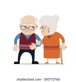 Lovely senior couple smiling each other. Bald old man and old woman with cane. Fully editable vector illustration on white isolated background. Flat design, cartoon style. 
