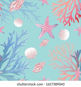 Lovely seshells and corals, seamless pattern design, marine collection, vector illustration, Perfect for greetings, invitations, wrapping paper, textile, wedding and fabric prints.