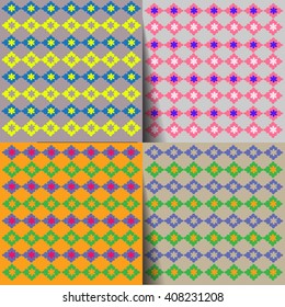 Lovely set of 4 decorative patterns abstract shapes. Gray, dark gray, orange background and abstract flowers, yellow and blue, green and pink. Abstract pattern design