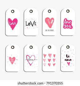 Lovely set of 8 Valentines day gift card, label, tag, badge with heart and lettering love. Calligraphy, hand drawn design elements for print, poster, invitation, party decoration. Vector.