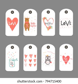 Lovely set of 8 Valentines day gift card, label, tag, badge with heart, teddy bear and lettering love. Hand drawn design elements for print, poster, invitation, party decoration. Vector.