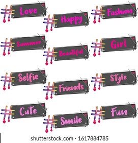 Lovely set of banners with 12 general hashtags for social media network. Trendy popular words vector stock illustration labels.