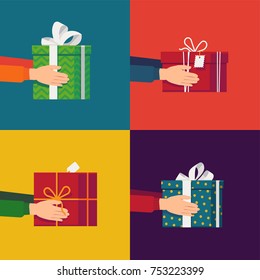 Lovely set of Christmas themed vector illustrations with hands holding different gift and present boxes. Boxing day minimalistic visuals. Xmas gift interchange