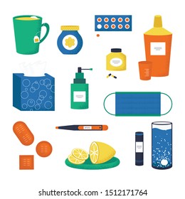 Lovely set of cold and flu season items in trendy vector flat design featuring tissue, hot beverage tea mug, lemon fruit, honey jar, napkin box, aspirin pills, thermometer, cough syrup. Vector 