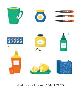 Lovely set of cold and flu season items in trendy vector flat design featuring tissue, hot beverage tea mug, lemon fruit, honey jar, napkin box, aspirin pills, thermometer, cough syrup. Vector 