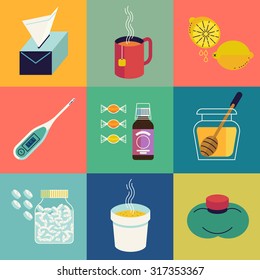 Lovely set of cold and flu season items in trendy vector flat design featuring tissue, hot beverage tea mug, lemon fruit, honey jar, cup of chicken soup, aspirin pills, thermometer, cough syrup