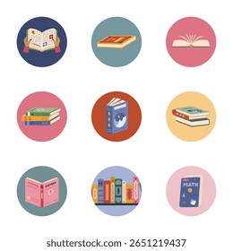 Conjunto encantador de capa de história redonda bonito com clipart de livro e leitura de desenhos animados. Destaques para diferentes mídias sociais, blogs, negócios, marcas. Pacote de ícones para blog com biblioteca, livro de texto aberto, pilha.