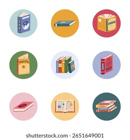 Encantador conjunto de bonito história redonda capa com biblioteca e literatura clipart desenho animado. Destaques para mídias sociais, blogs, negócios. Pacote de ícones para blog com livro de física, pilha de livros, lenda, poesia.