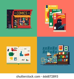 Lovely set of detailed vector flat icons on comic books shop with store building, interior, opened graphic novel spread and abstract magazine covers