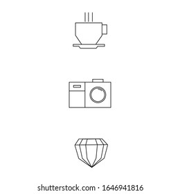 Lovely set of different iconic vector desings of a coffee, a camera and a diamond.  Black and white linear designs. 