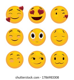 
Lovely set of emojis expressing love and tender feelings: in love, eyes with hearts, kissing, sending a kiss, blushed, smirking and cute with big eyes faces!