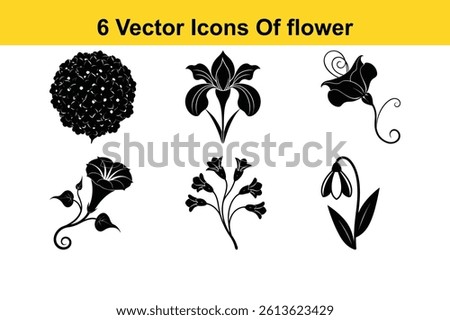 A lovely set of floral silhouette vector icons including hydrangea, sweet pea, morning glory, iris, snowdrop, and freesia — perfect for botanical artwork and elegant flower-themed designs.