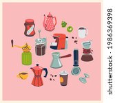 Lovely set of fully editable hand drawn vector items on coffee mania with various coffee making equipment: capsule espresso machine, french press, cezve, geyser coffee maker, cups, grinder, etc. 
