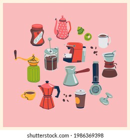 Lovely set fully editable hand drawn vector items coffee mania and various coffee making equipment: capsule espresso machine  french press  cezve  geyser coffee maker  cups  grinder  etc  