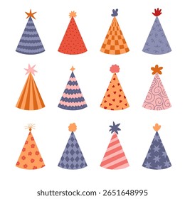 Lovely set with paper hat for surprise party in vivid colors with striped, checkered, swirl, heart ornament. Hand drawn flat Happy Birthday cap for carnival. Colourful Christmas hat collection.