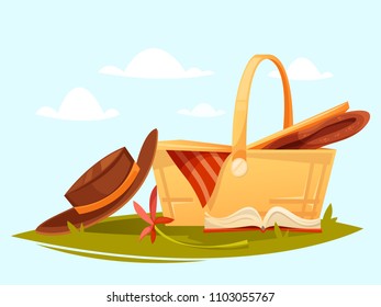 Lovely set for a picnic. Vector illustration. Summer. Retro cartoon style