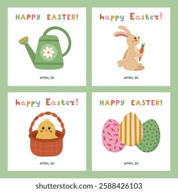 Lovely set with square banners for Happy Easter Day with colorful doodle of cute chick in basket, fluffy standing bunny, painted Easter egg, watering can. Simple poster for religious spring holiday.