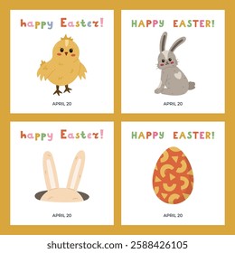 Lovely set with square banners for Happy Easter Day with illustration with cute baby chick, fluffy bunny, hole with hiding rabbit ear, painted Easter egg. Simple poster for religious spring holiday.