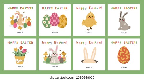 Lovely set with square banners for Happy Easter Day with colorful doodle and hand drawn lettering. Cute chick, fluffy Easter bunny at lawn, ornate eggs. Minimalistic poster for religious holiday.