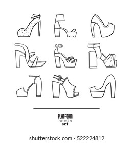 Lovely set with stylish fashion shoes, hand drawn and isolated on white background. Vector illustration showing various platform heels shoes and sandals. Summer collection in black and white